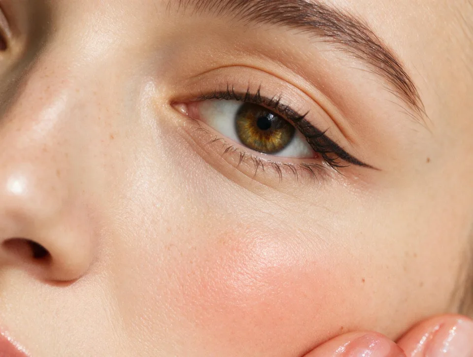 Close-up of an eye with a subtle lifted eyeliner wing along the lash line