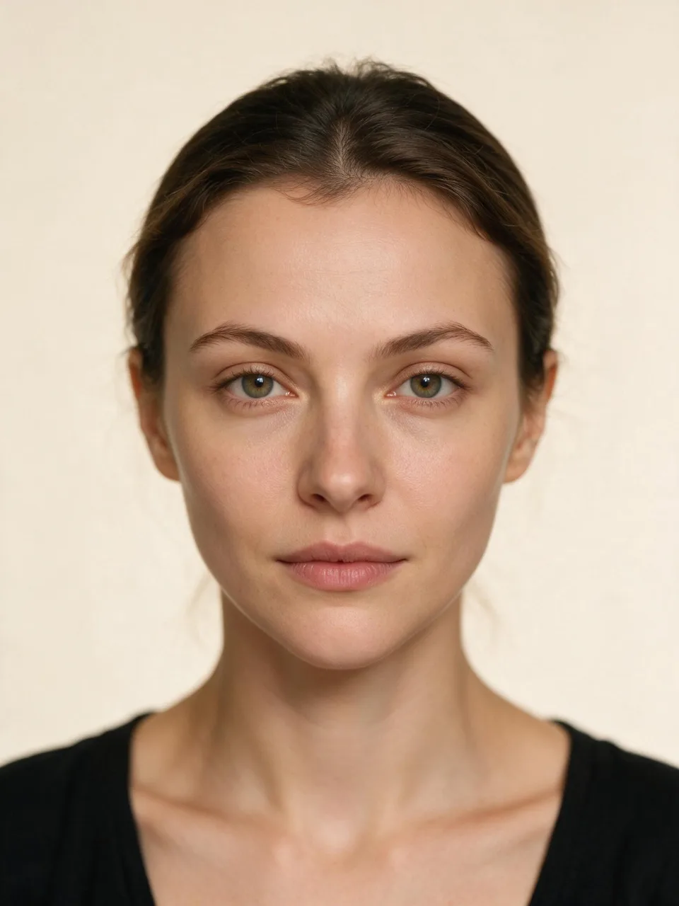 Front-facing portrait showing the wide forehead and tapering chin geometry of a heart shaped face.