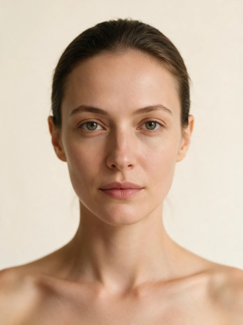 Front-facing studio portrait showing a oval face shape: softly rounded hairline and jaw with the face longer than it is wide.
