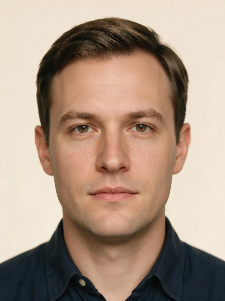 Front-facing studio portrait showing a square face shape: similar width at forehead, cheekbones and jaw, with angular jaw corners.