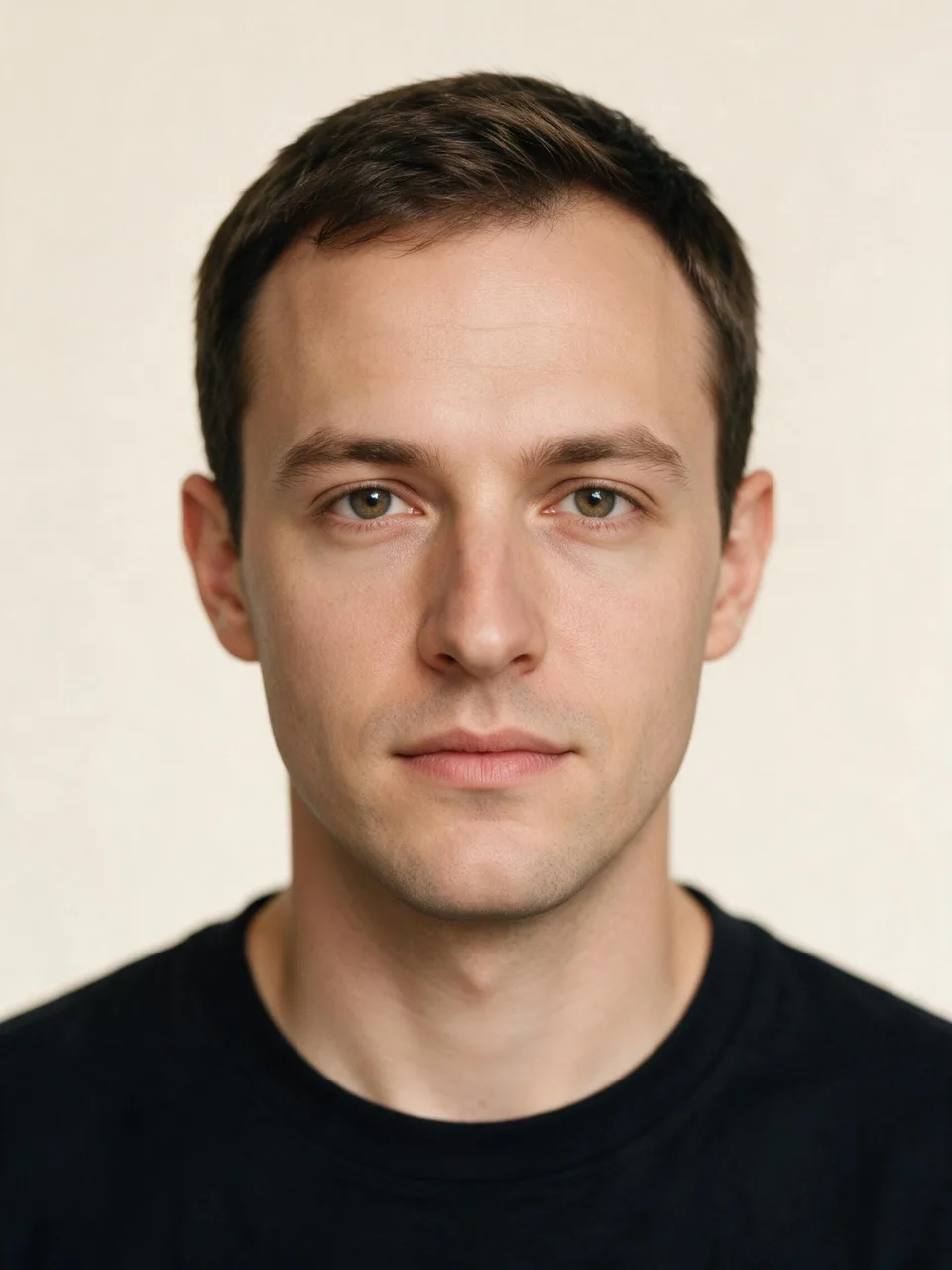 Front-facing studio portrait showing a triangle face shape: a jaw wider than the cheekbones and forehead.