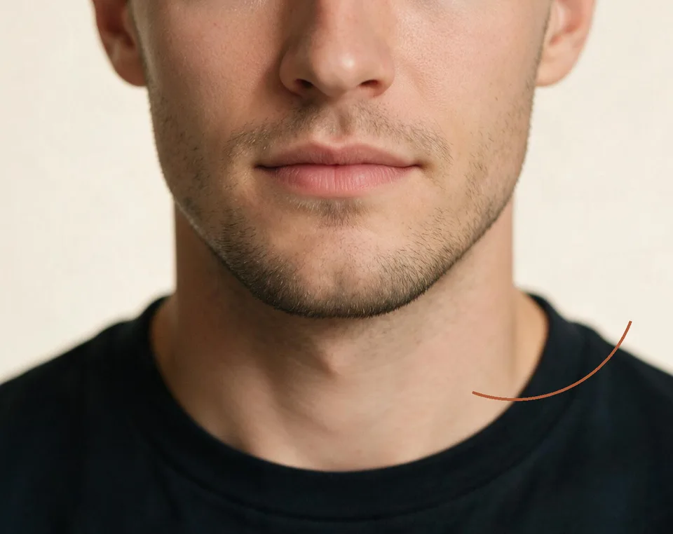 Lower half of a male face with an amber arc tracing the jaw contour toward the ear where the jaw angle is estimated.
