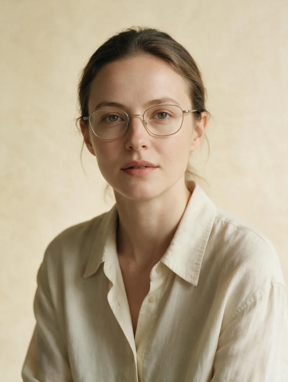 AI model with a heart-shaped face wearing light thin-rimmed eyeglasses