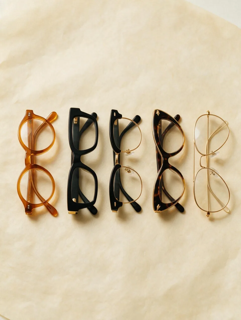 Five eyeglass frame styles arranged on warm parchment paper