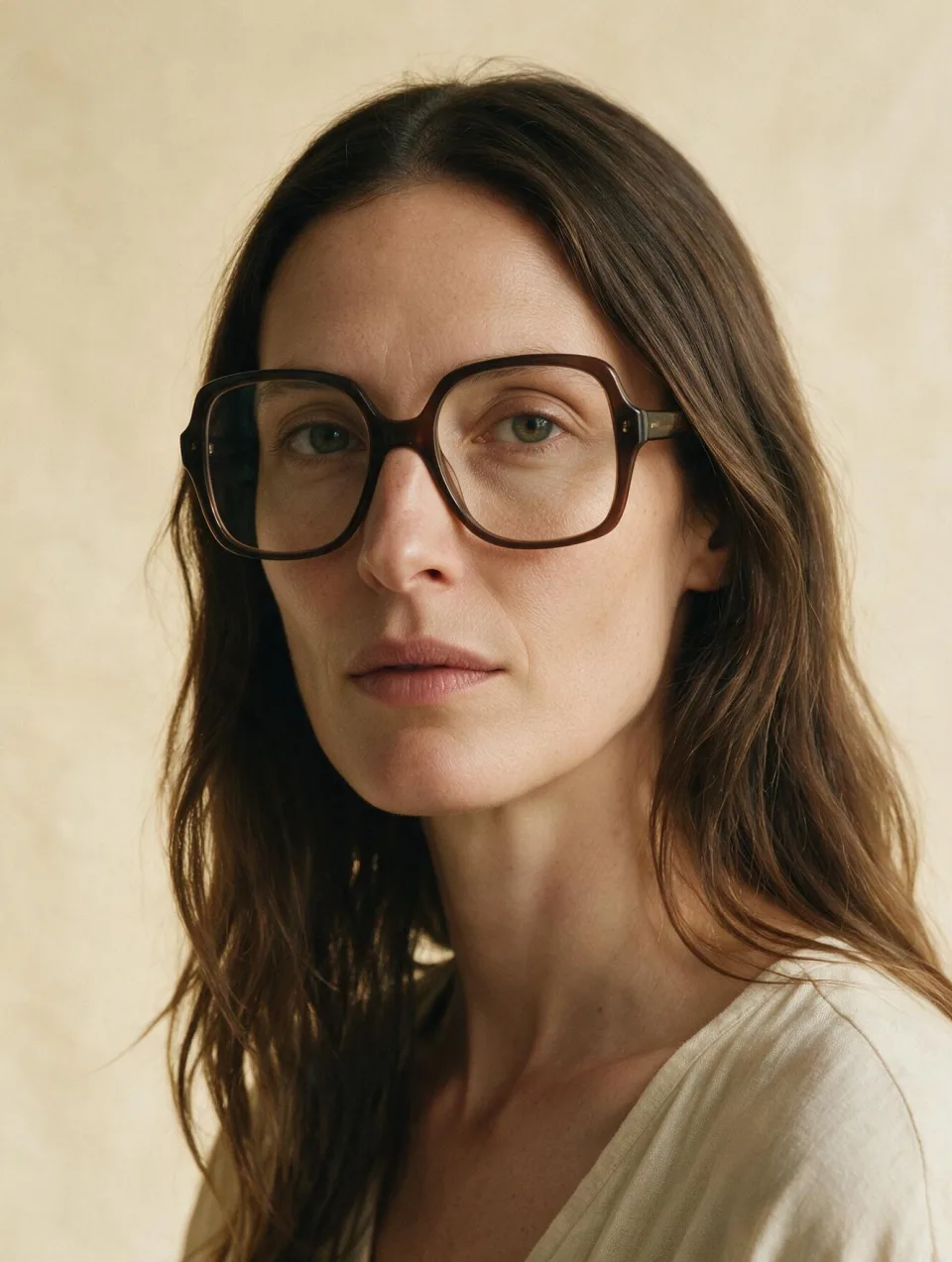 AI model with an oblong face wearing tall deep oversized eyeglass frames