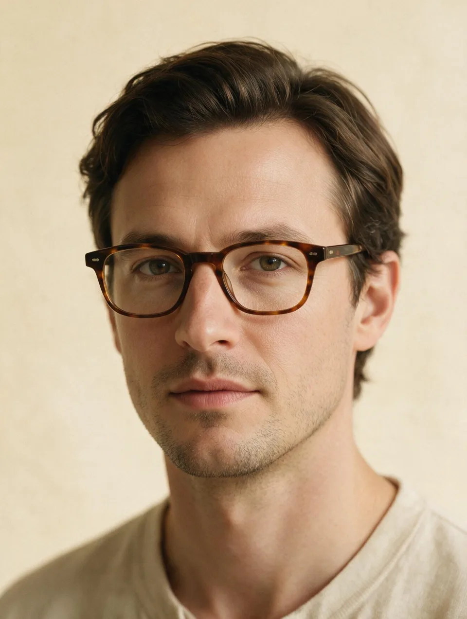 AI model with an oval face wearing classic rectangular tortoiseshell frames