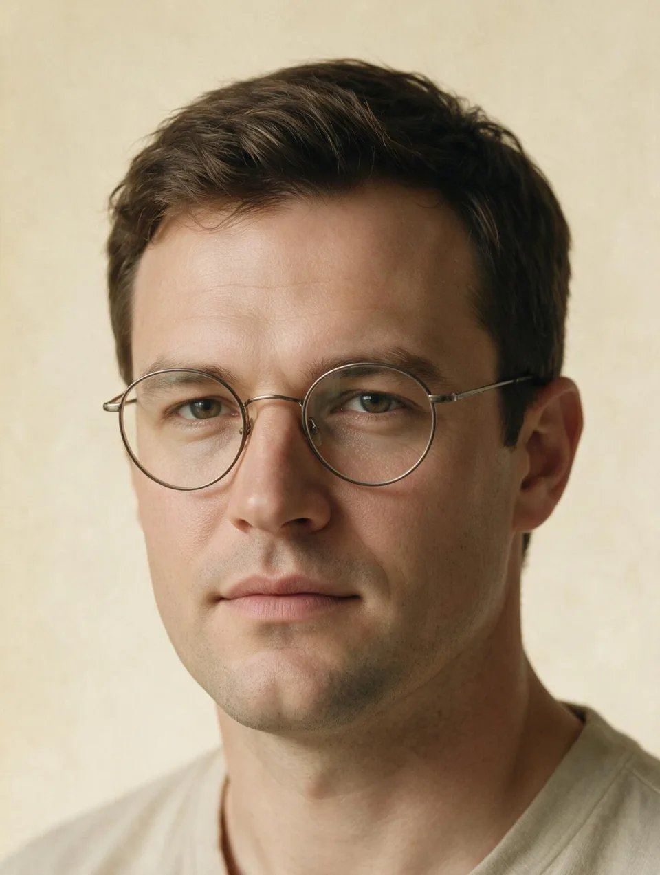 AI model with a square face and strong jawline wearing round thin metal frames