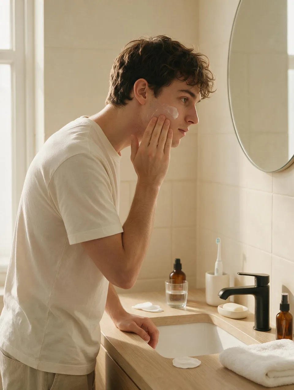 Profile view of a young man at a bathroom sink applying moisturizer to his cheek in warm daylight.
