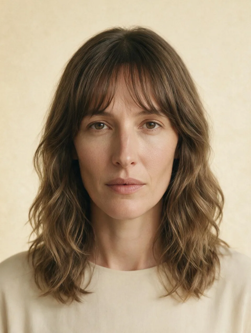 AI model with an oblong face wearing shoulder-length waves with curtain bangs