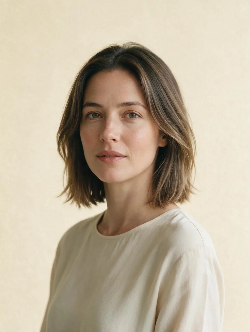 AI model with an oval face wearing a soft shoulder-length layered haircut