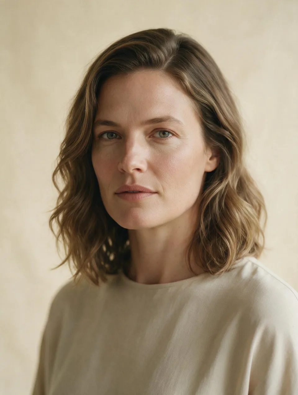 AI model with a square face wearing soft waves that fall past the jawline