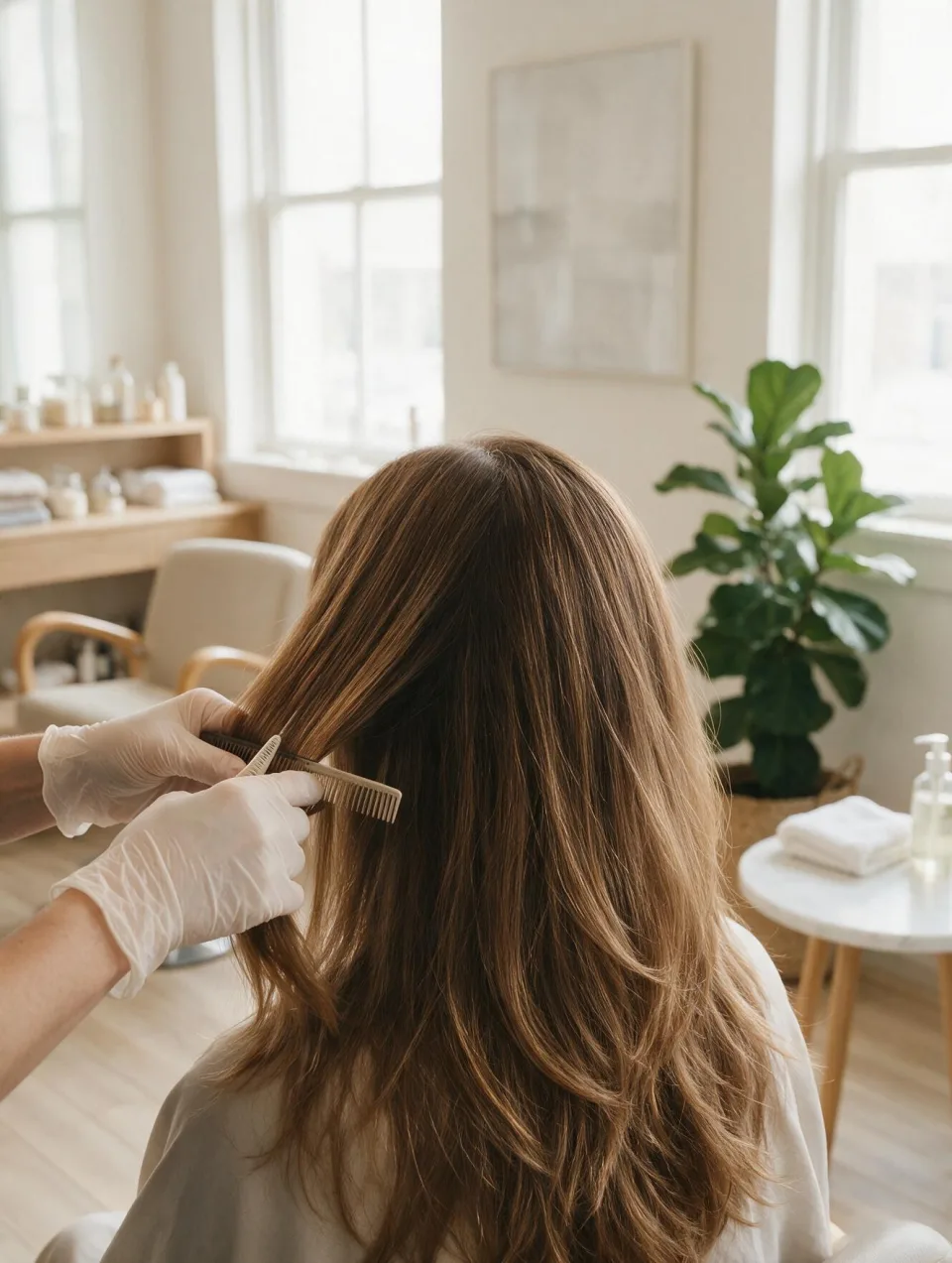 Stylist sectioning a client's hair with a comb in a bright minimal salon