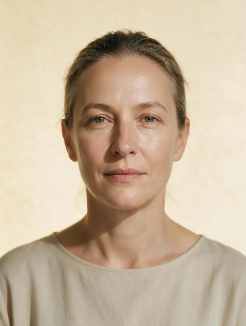 Front-facing portrait of an AI model with calm balanced features