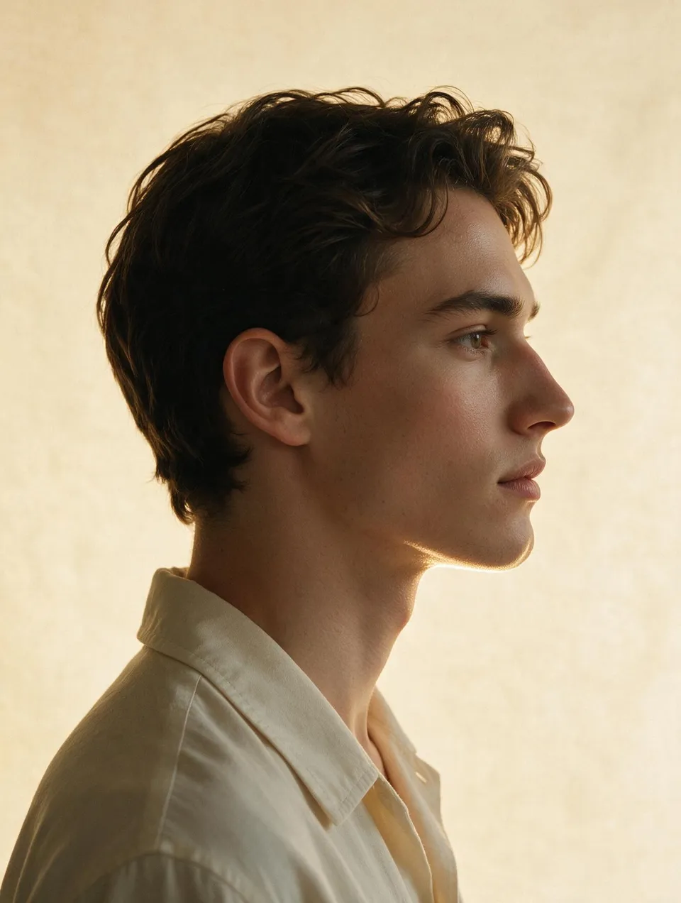 Profile portrait of a young man with a relaxed jaw, warm rim light tracing the edge of the jawline against a cream backdrop.
