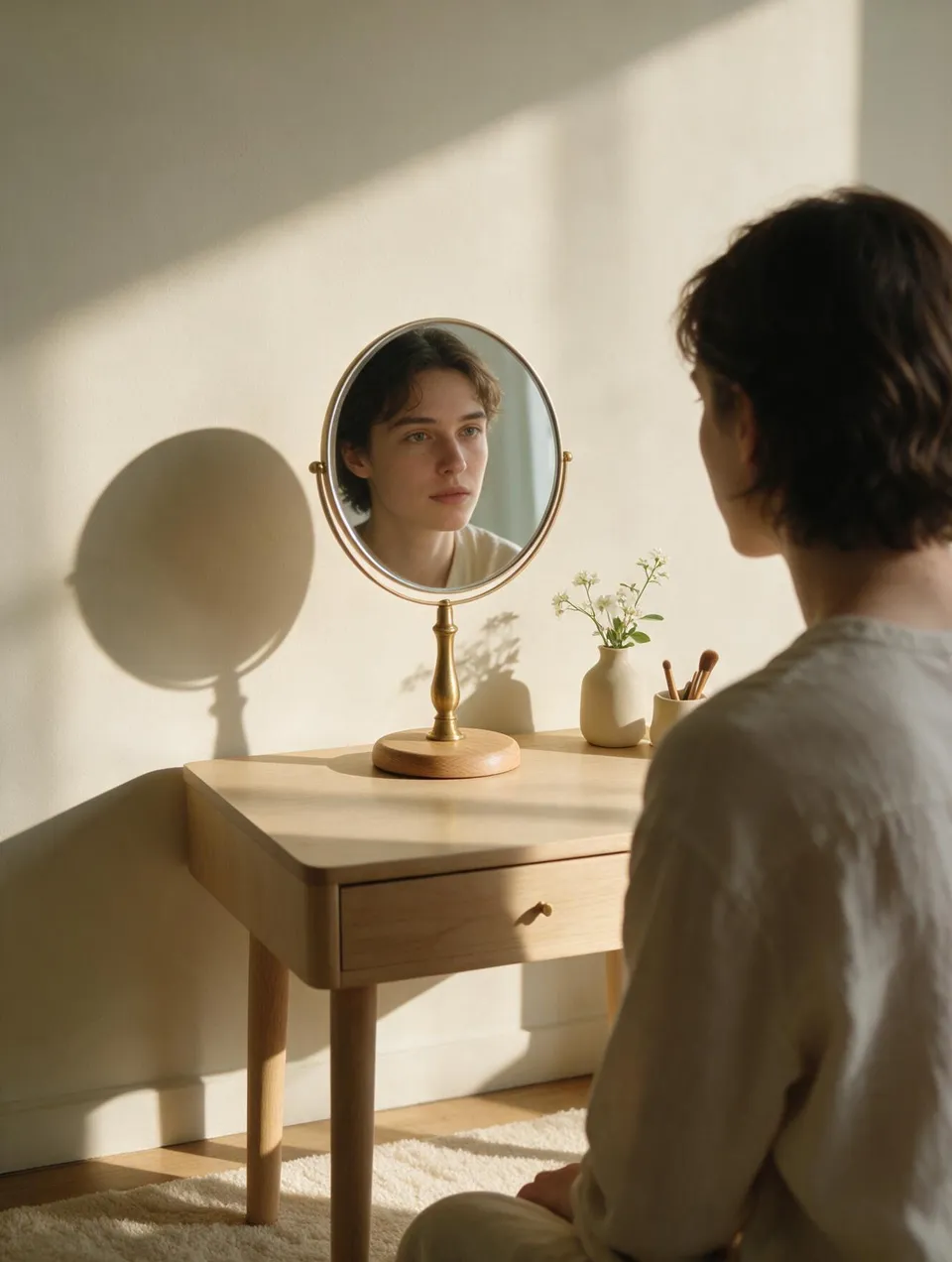 A person seen from behind looking at their reflection in a small round table mirror in warm morning light.