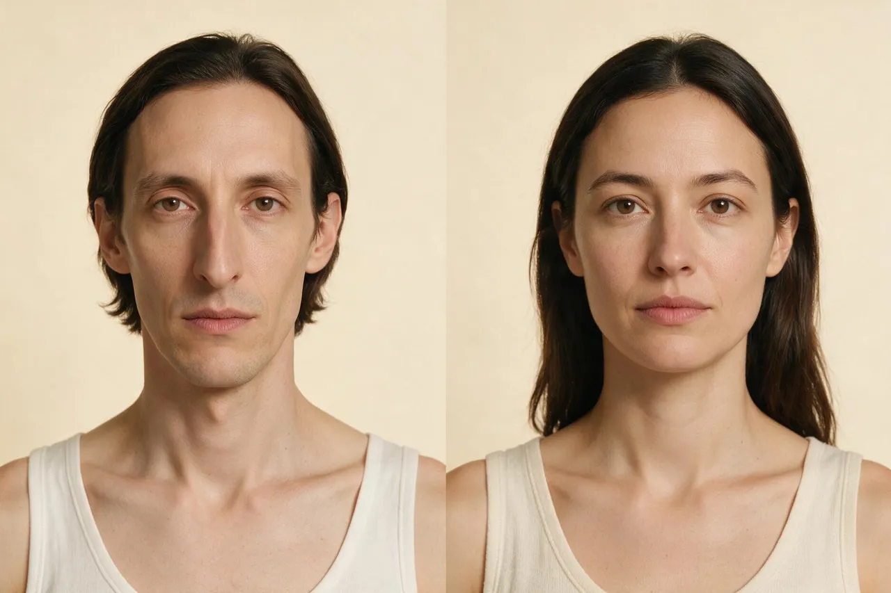 Side-by-side front portraits on one cream backdrop, a man with a long narrow face on the left and a woman with a balanced oval face on the right.