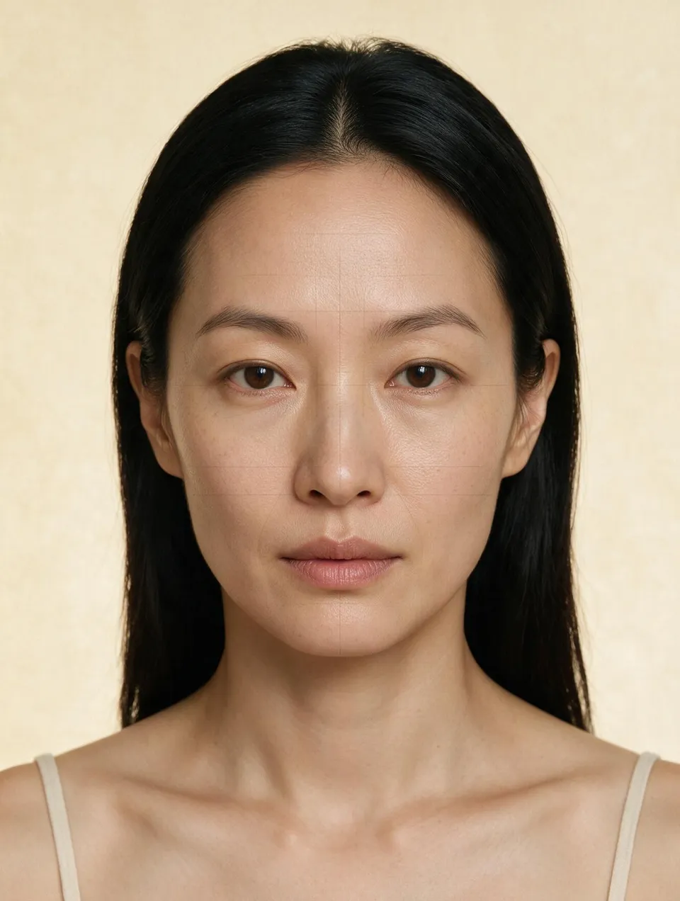 Front portrait of an adult East Asian woman with long dark hair and a neutral expression, faint proportion guide lines crossing her face against a cream backdrop.