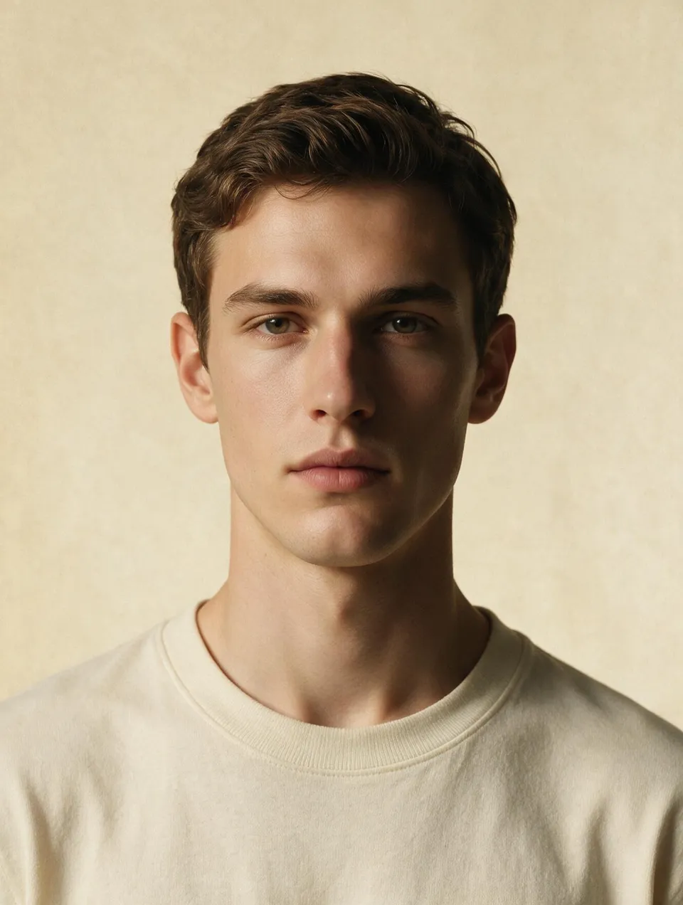 Front portrait of a young man with short brown hair and a neutral expression against a plain cream backdrop.