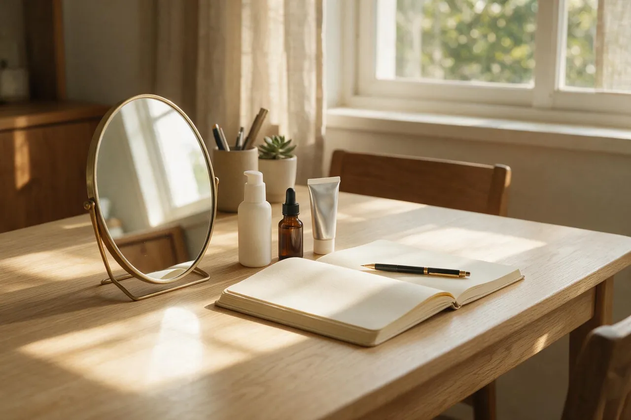 A tidy desk with a small round mirror, unlabeled skincare bottles, and an open blank notebook with a pen in warm window light.