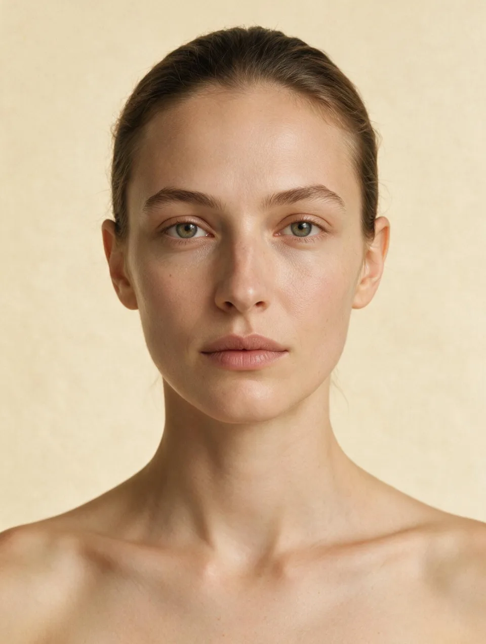 Front-facing portrait of an AI model with a centered symmetrical composition